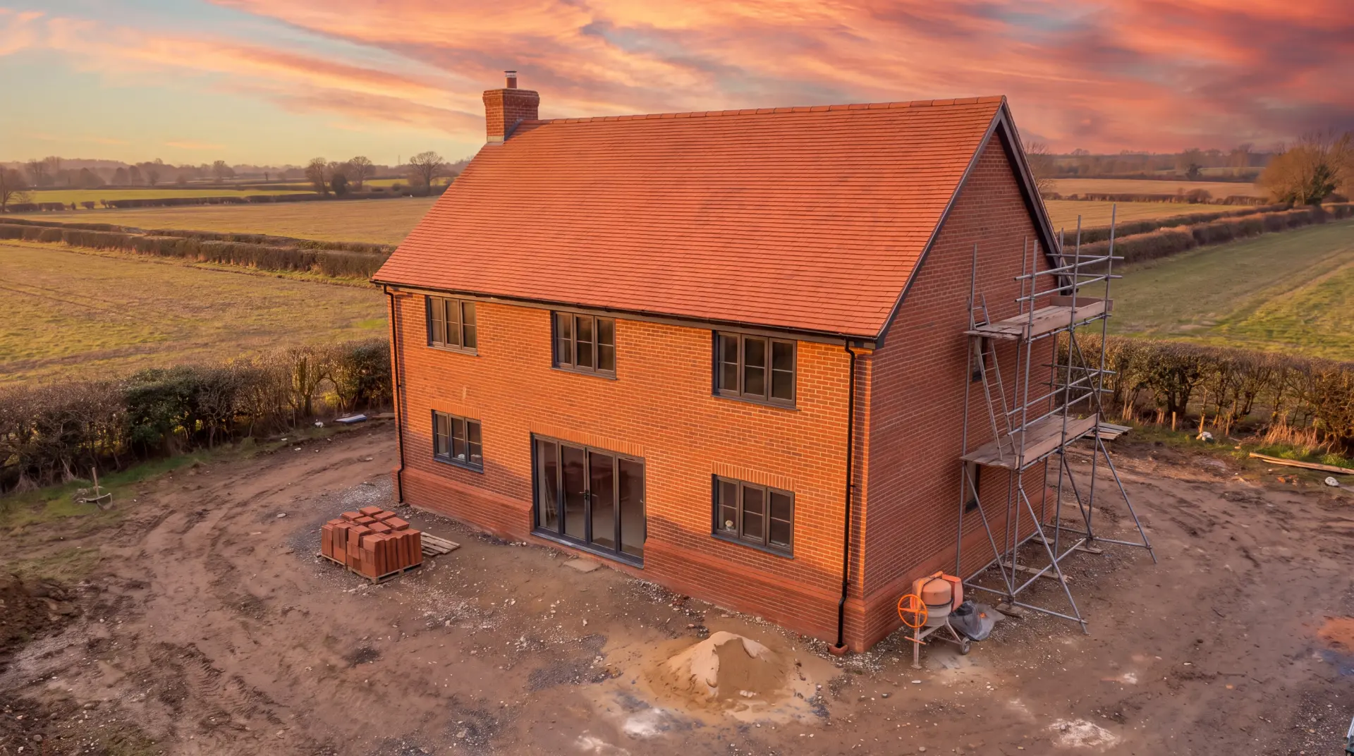 Newly completed brick new build house at sunset in the Kent countryside