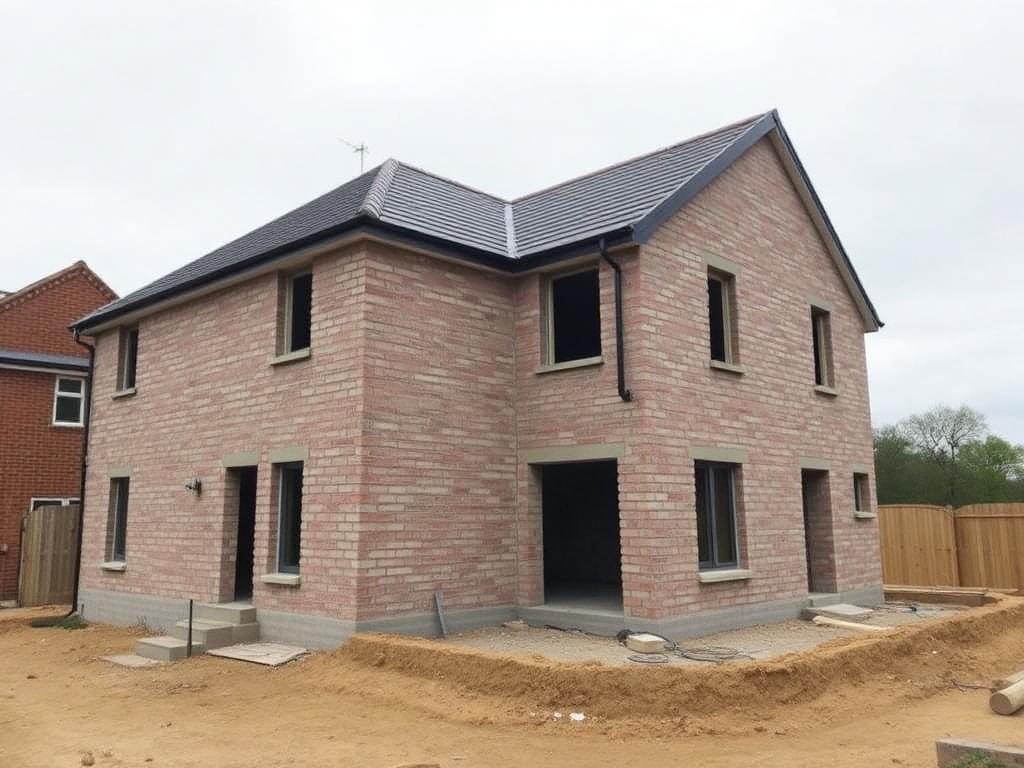 New build house shell with completed bricklaying and blockwork in Allington