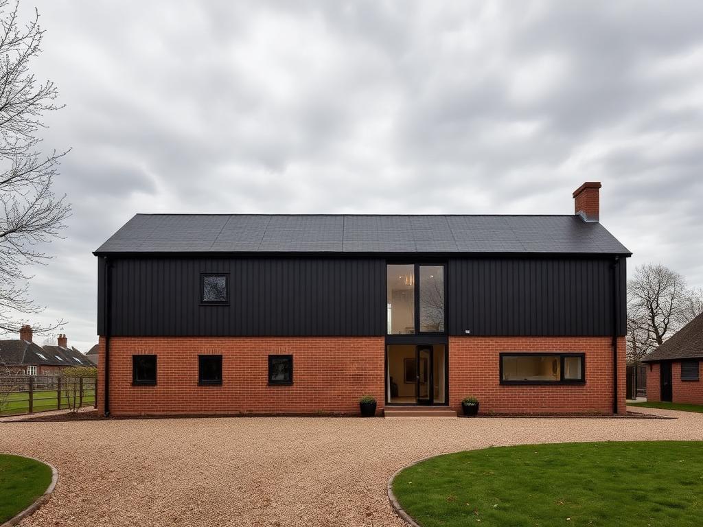 Agricultural barn converted into a home with brick base and dark cladding in Biddenden