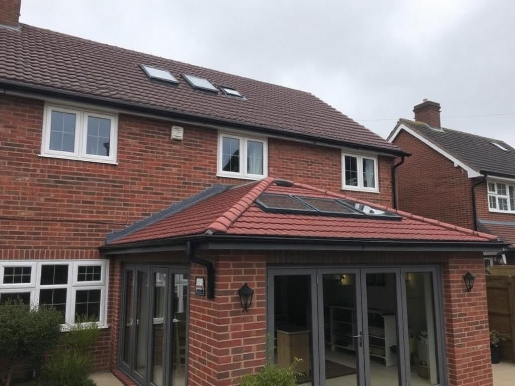 Two storey brick extension with a tiled roof veranda and rooflights in Flimwell