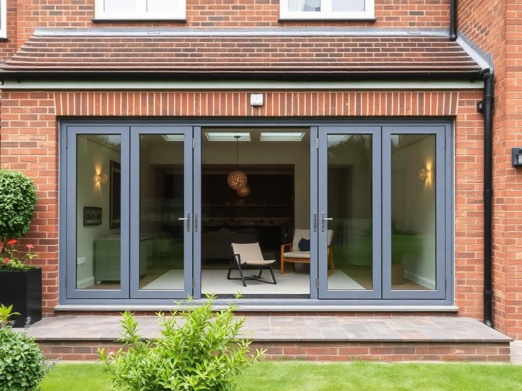 Brick extension with grey aluminium bifold doors opening onto a garden in Langton Green