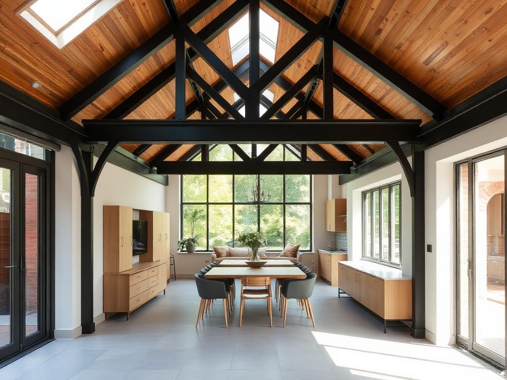 Open plan ground floor with structural steelwork in a rear extension at Loose, Maidstone