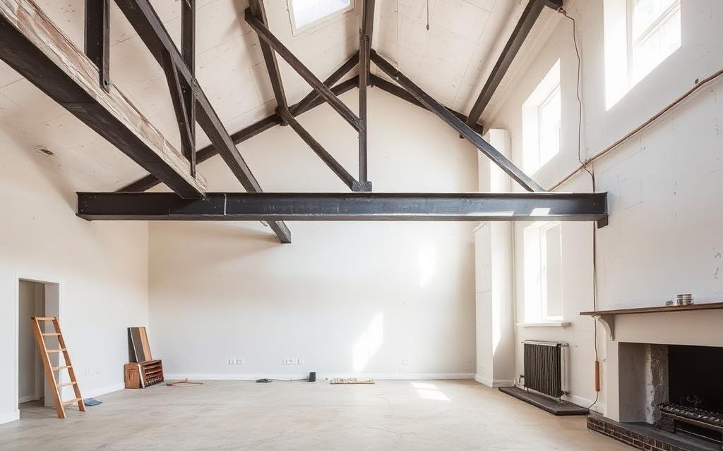 Exposed steel beam supporting an opened up ground floor inside a house being altered