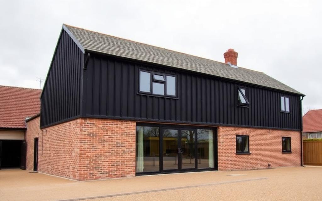Converted Kent barn with black timber cladding above a brick base and full height glazing