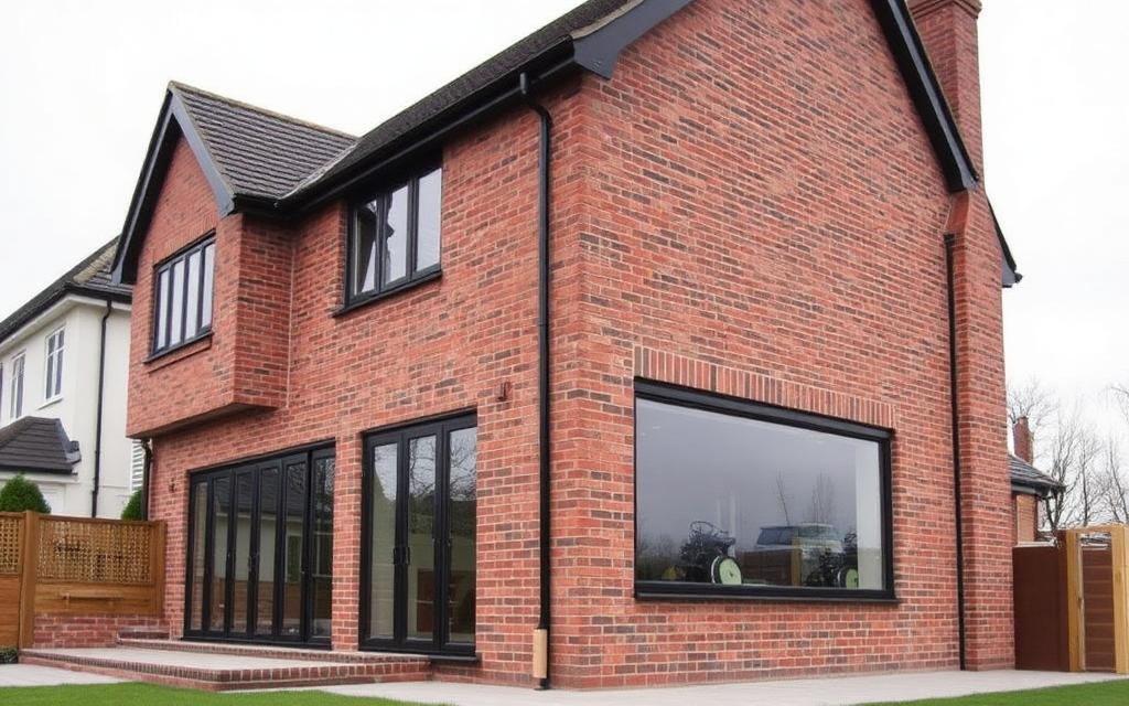 Two storey brick rear extension with matched brickwork and large glazing on a Kent house