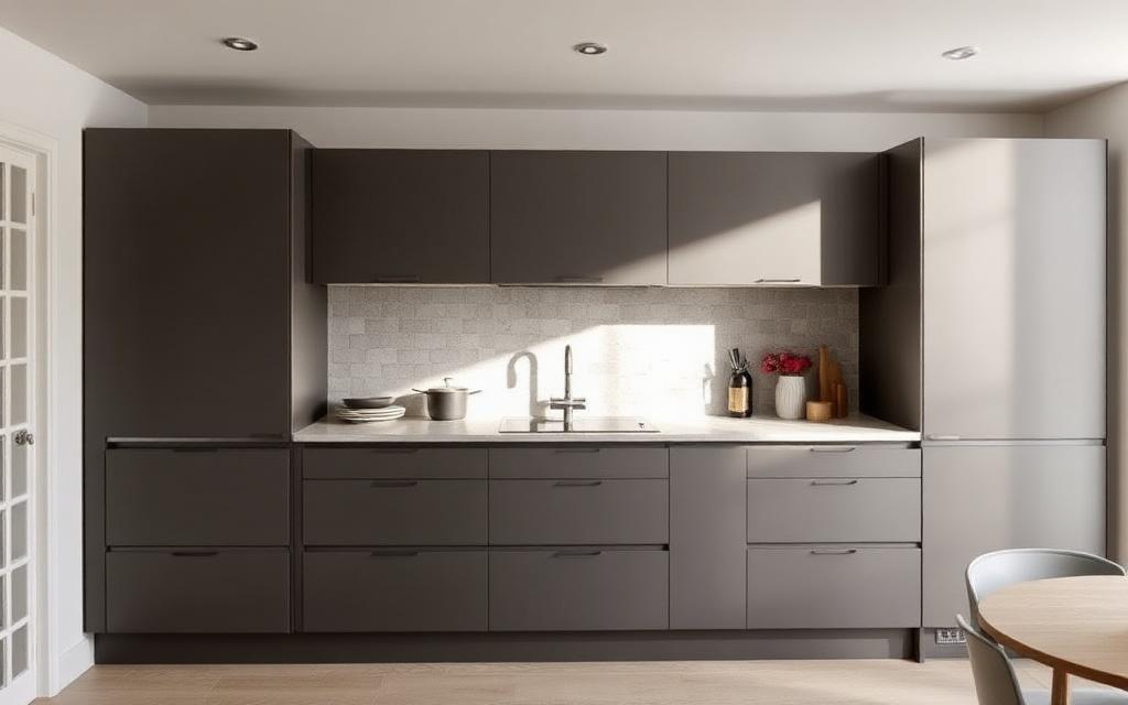 Newly fitted kitchen with matte cabinetry and stone worktop in a Kent home