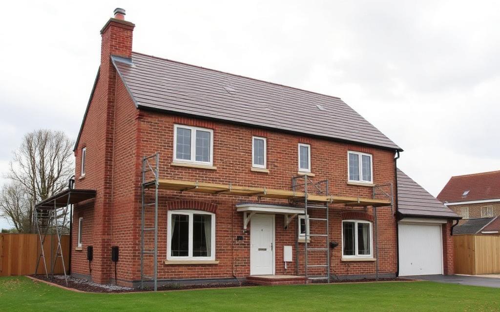 Newly completed brick detached house with scaffolding removed in rural Kent